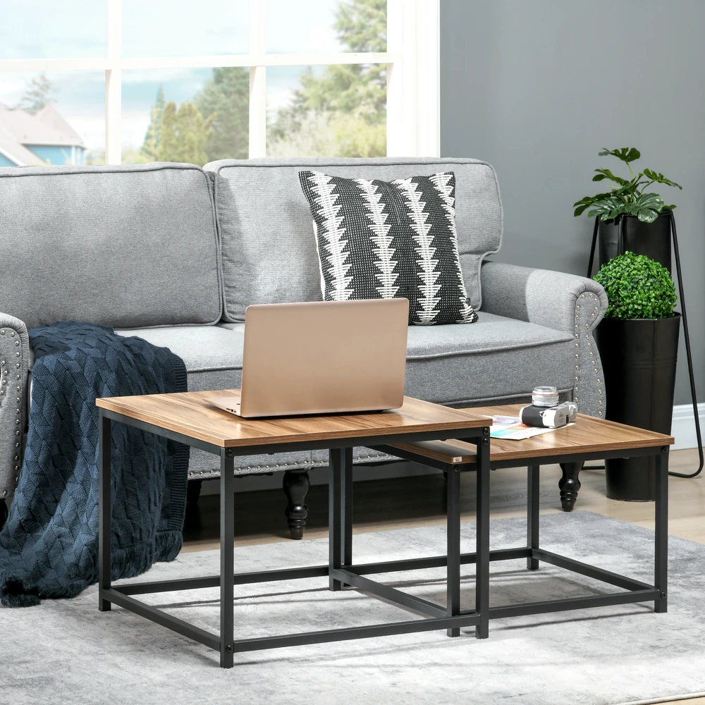 Sofa Aosom 2 dalių žurnalinių staliukų komplektas, industrinis dizainas, natūralaus medžio spalvos, juodas plieno rėmas