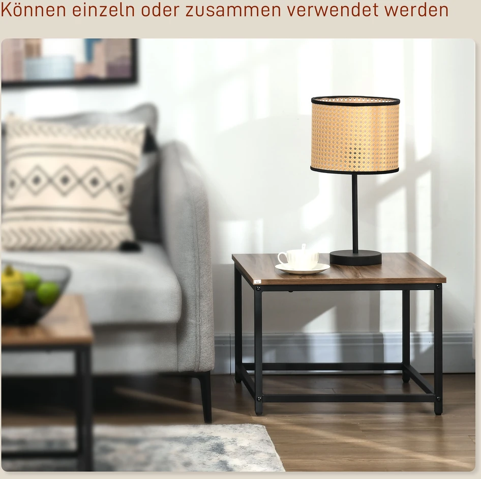 Sofa Aosom 2 dalių žurnalinių staliukų komplektas, industrinis dizainas, natūralaus medžio spalvos, juodas plieno rėmas