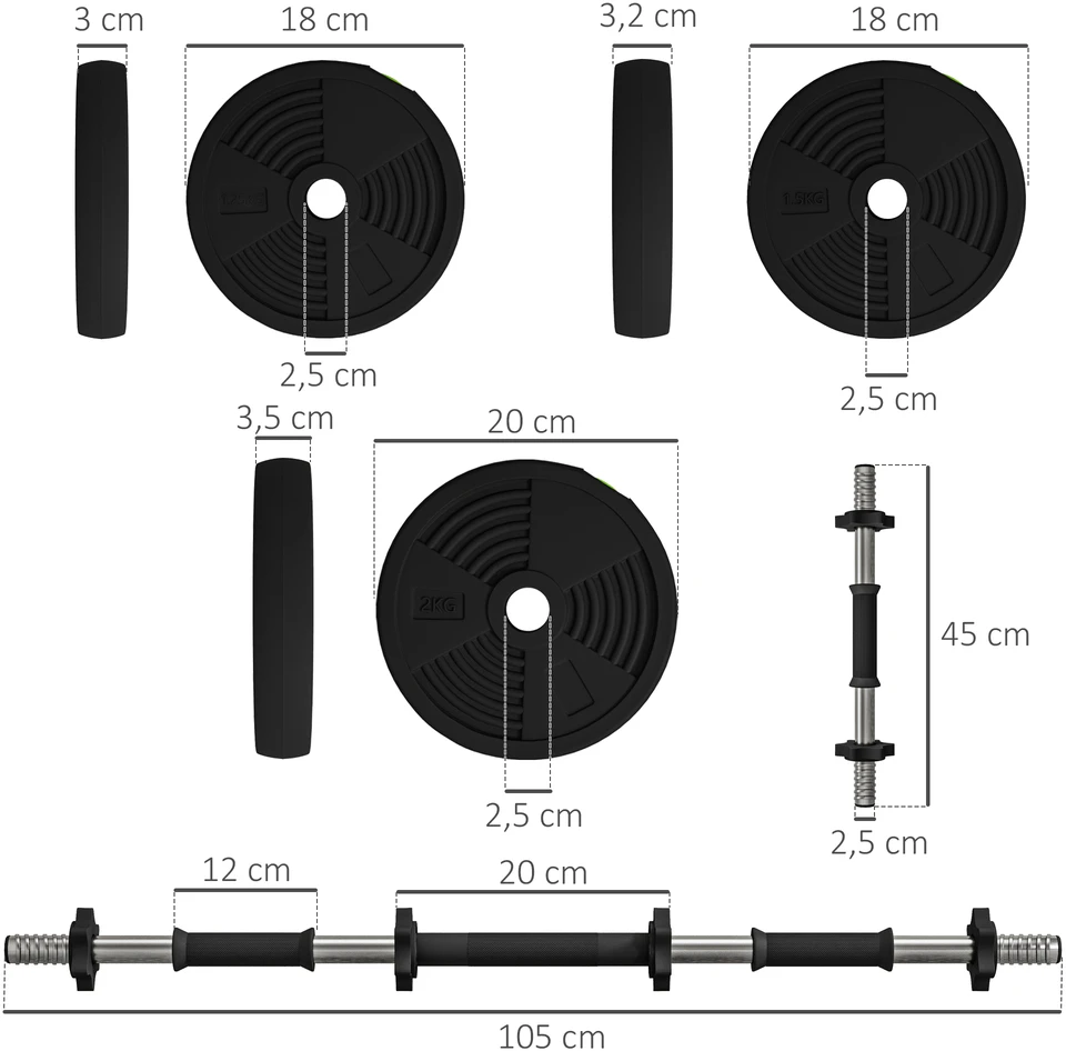 Aosom 2-in-1 hantelių rinkinys, 20 kg, juodas/žalias