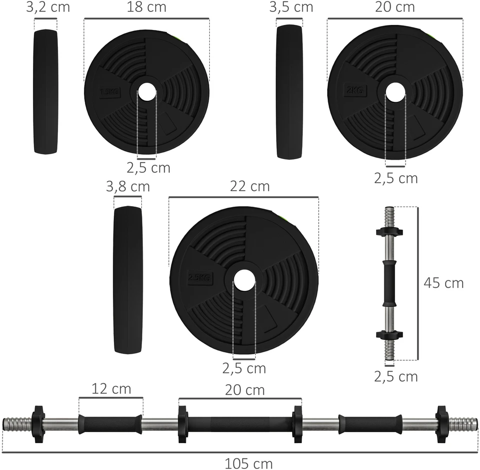 Aosom 2-in-1 hantelių rinkinys, reguliuojamas, 25 kg, juoda / žalia