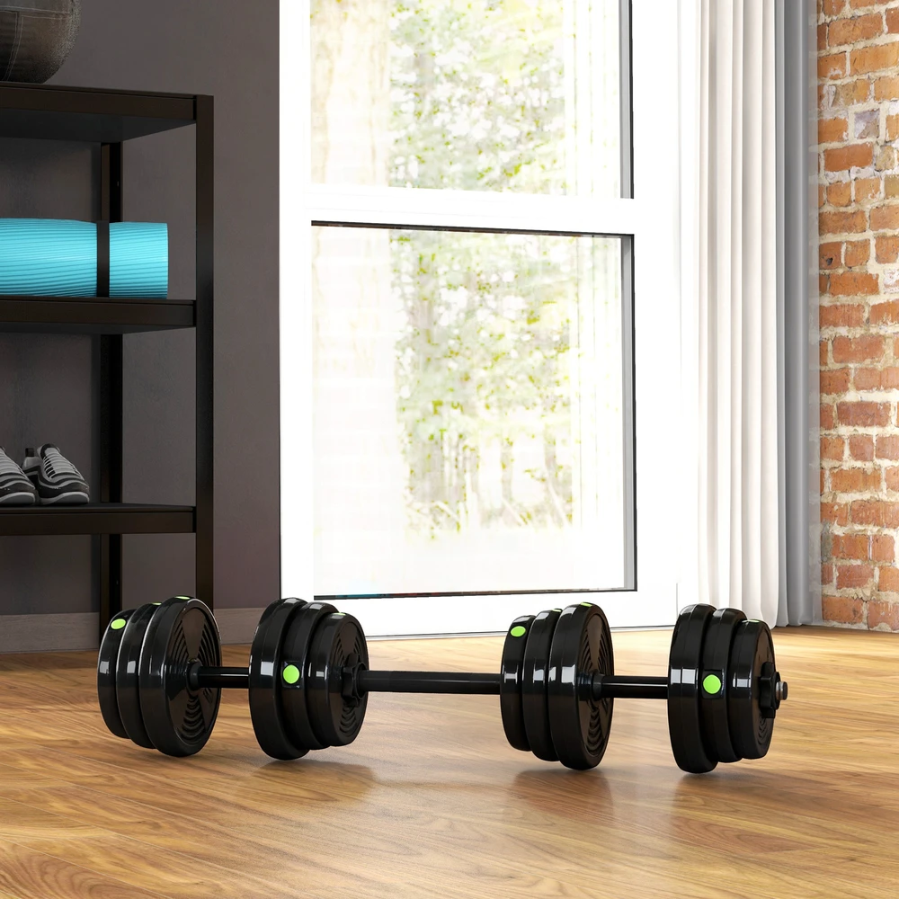 Aosom 2-in-1 hantelių rinkinys, reguliuojamas, 25 kg, juoda / žalia