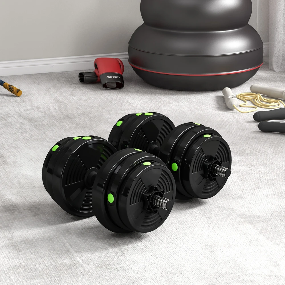 Aosom 2-in-1 hantelių rinkinys, reguliuojamas, 25 kg, juoda / žalia