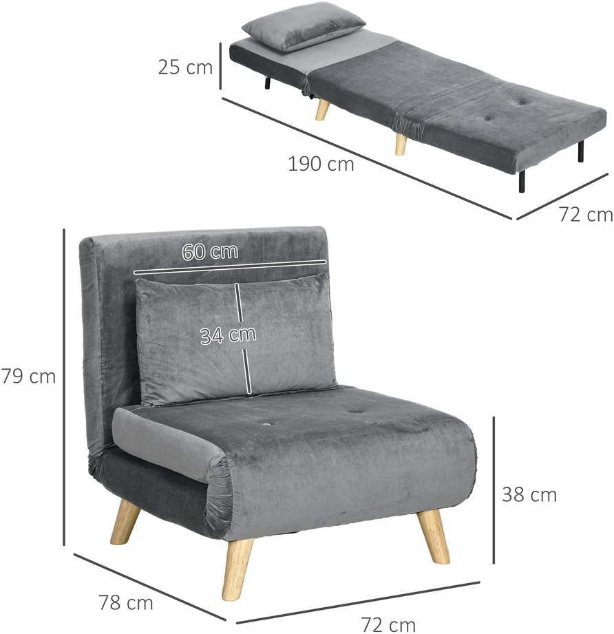 Aosom 2-in-1 miegamasis krėslas, pilkas, 72 x 78 x 79 cm