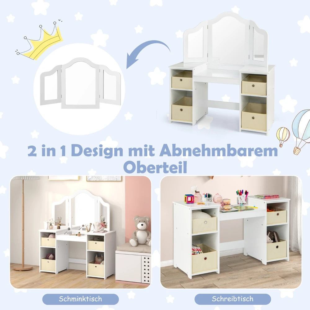 Promotion 2-in-1 princesės makiažo stalas su veidrodžiais, baltas