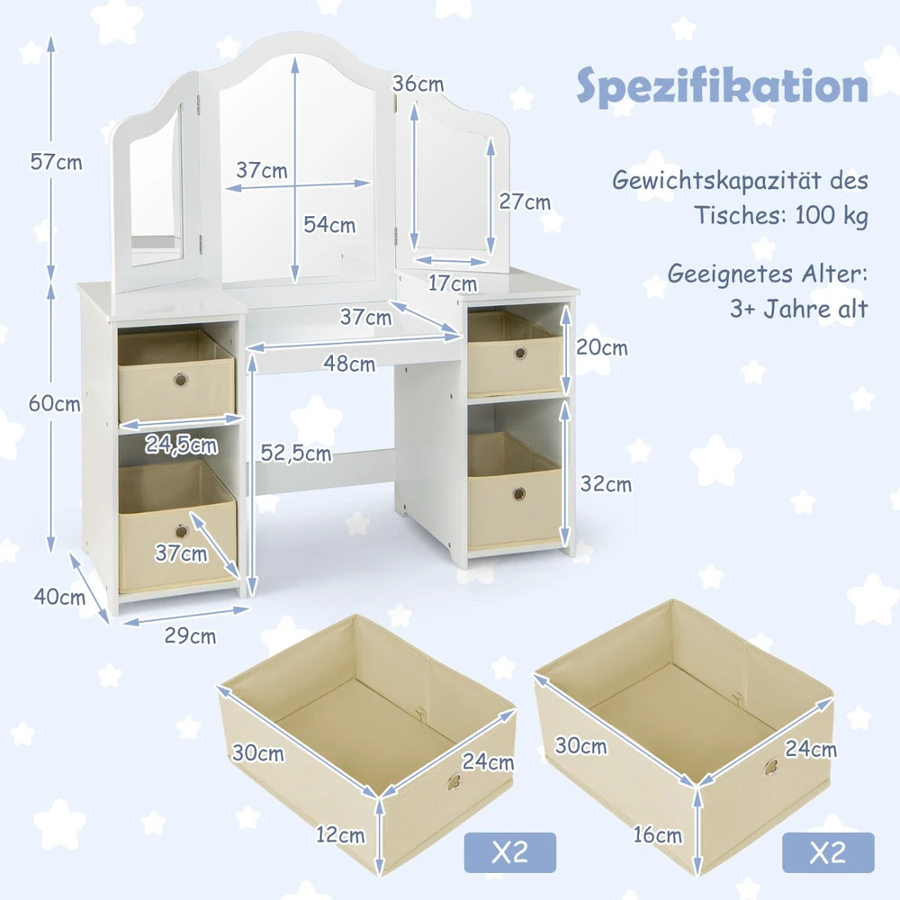 Promotion 2-in-1 princesės makiažo stalas su veidrodžiais, baltas