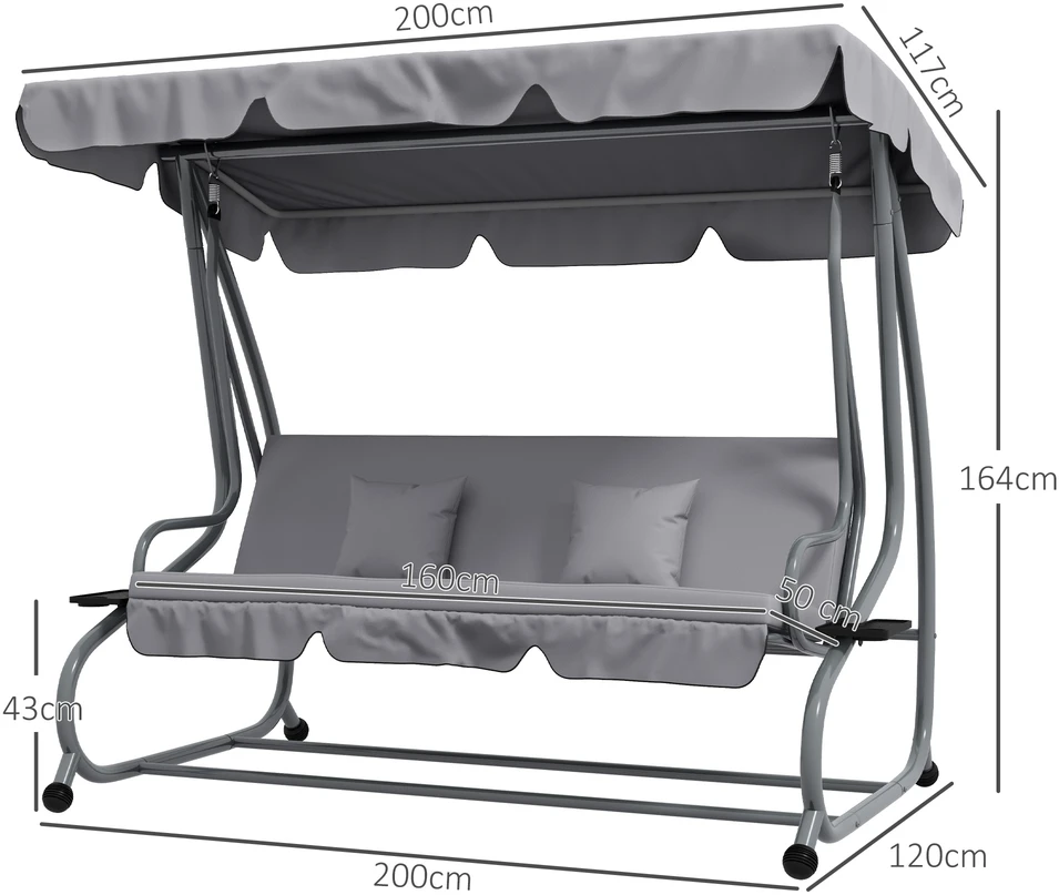 Aosom 2-in-1 sodo supynės su gulto funkcija, reguliuojamas stogas, iki 340 kg, plienas, 200 x 120 x 164 cm, pilka