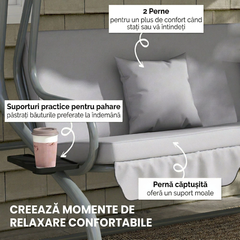 Aosom 2-in-1 sodo supynės su gulto funkcija, reguliuojamas stogas, iki 340 kg, plienas, 200 x 120 x 164 cm, pilka