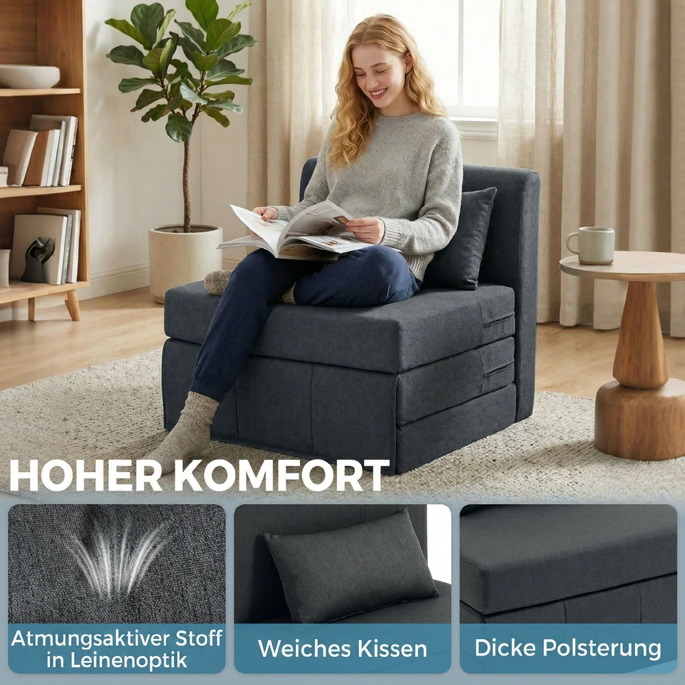 Aosom 2-in-1 sulankstoma poilsio kėdė-sofa, tamsiai pilka, 80 x 75 x 74 cm