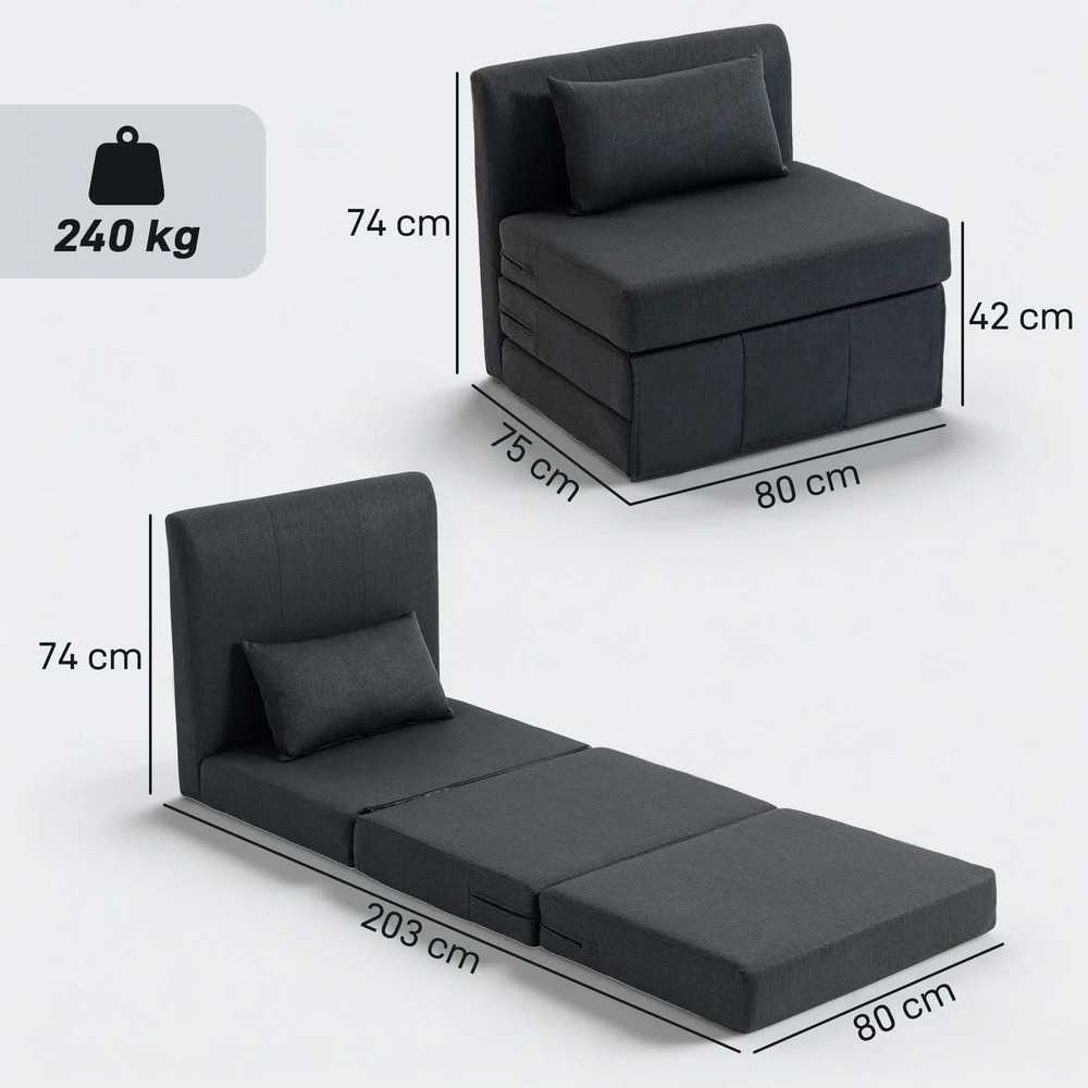 Aosom 2-in-1 sulankstoma poilsio kėdė-sofa, tamsiai pilka, 80 x 75 x 74 cm