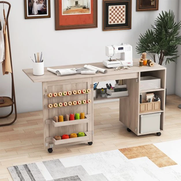 Promotion 2-in-1 sulankstomas siuvimo stalas / rašomasis stalas, natūralios spalvos