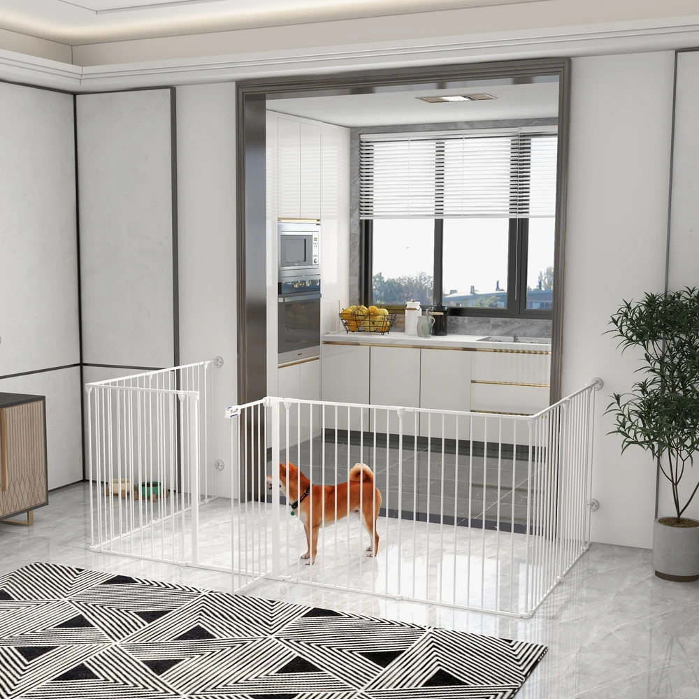 Aosom 2-in-1 šuniukų aptvaras ir apsauginiai vartai, 8 panelės, užrakinamos durelės, plienas, 90 cm aukštis, baltas