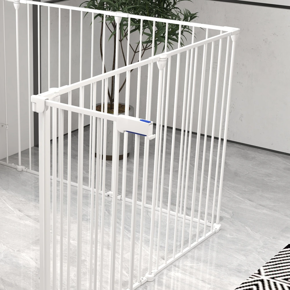 Aosom 2-in-1 šuniukų aptvaras ir apsauginiai vartai, 8 panelės, užrakinamos durelės, plienas, 90 cm aukštis, baltas