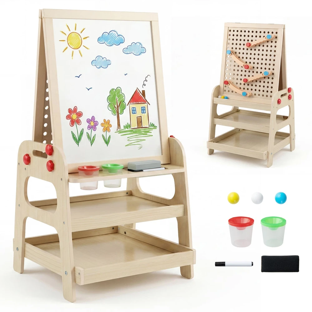 Promotion 2-in-1 vaikiškas molbertas su magnetine lenta ir marmuro trasa, natūralus