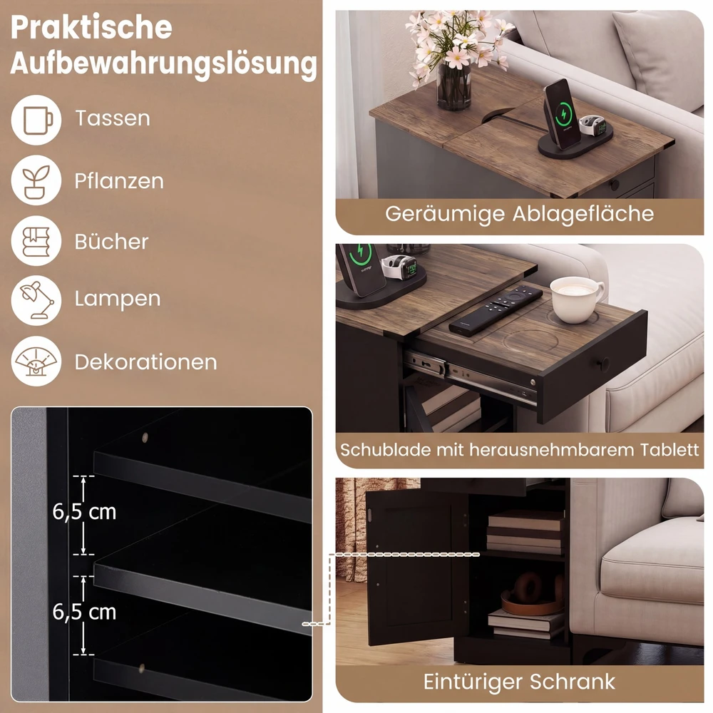 Promotion 2 šoninių stalelių rinkinys su įkrovimo stotele, juodas