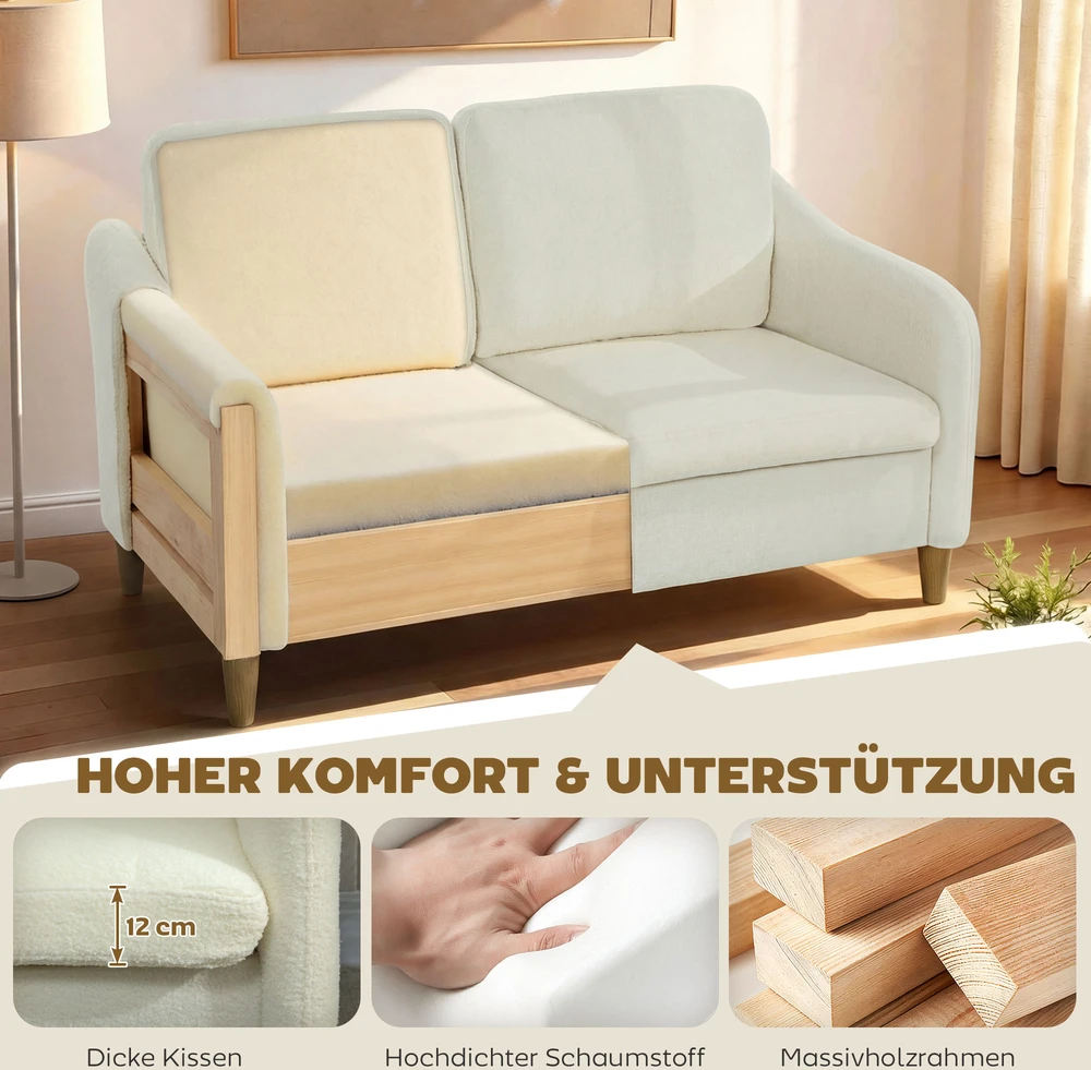 Aosom 2-vietė sofa su Sherpa fleece tipo apmušalu, kreminė balta, 137 cm