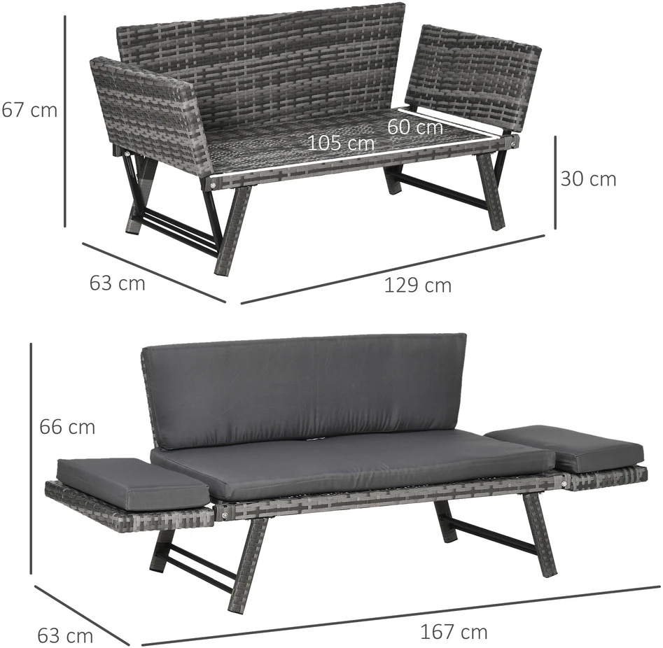 Aosom 2 vietų sodo sofa iš poliratano, pilka, 129 x 63 x 67 cm