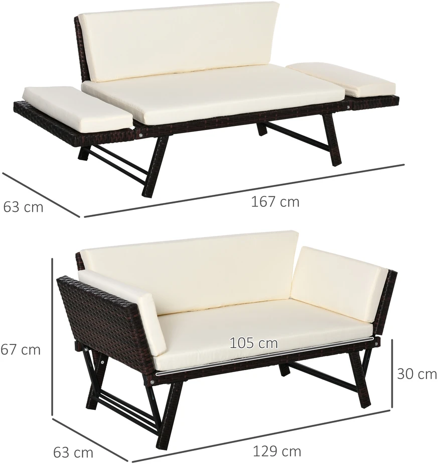 Aosom 2 vietų sodo sofa iš poliratano, ruda, 129 x 63 x 67 cm