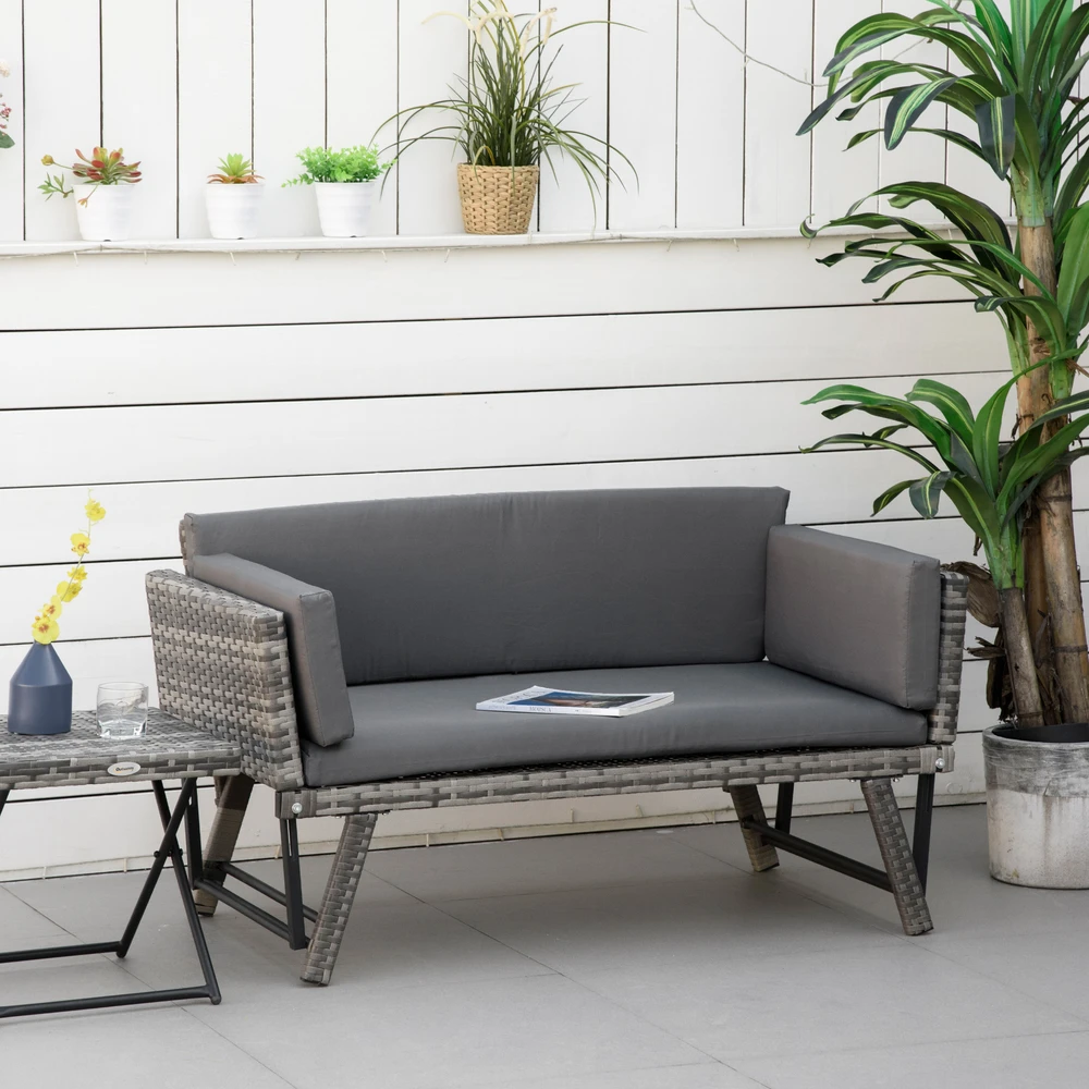 Aosom 2 vietų sodo sofa iš poliratano, pilka, 129 x 63 x 67 cm
