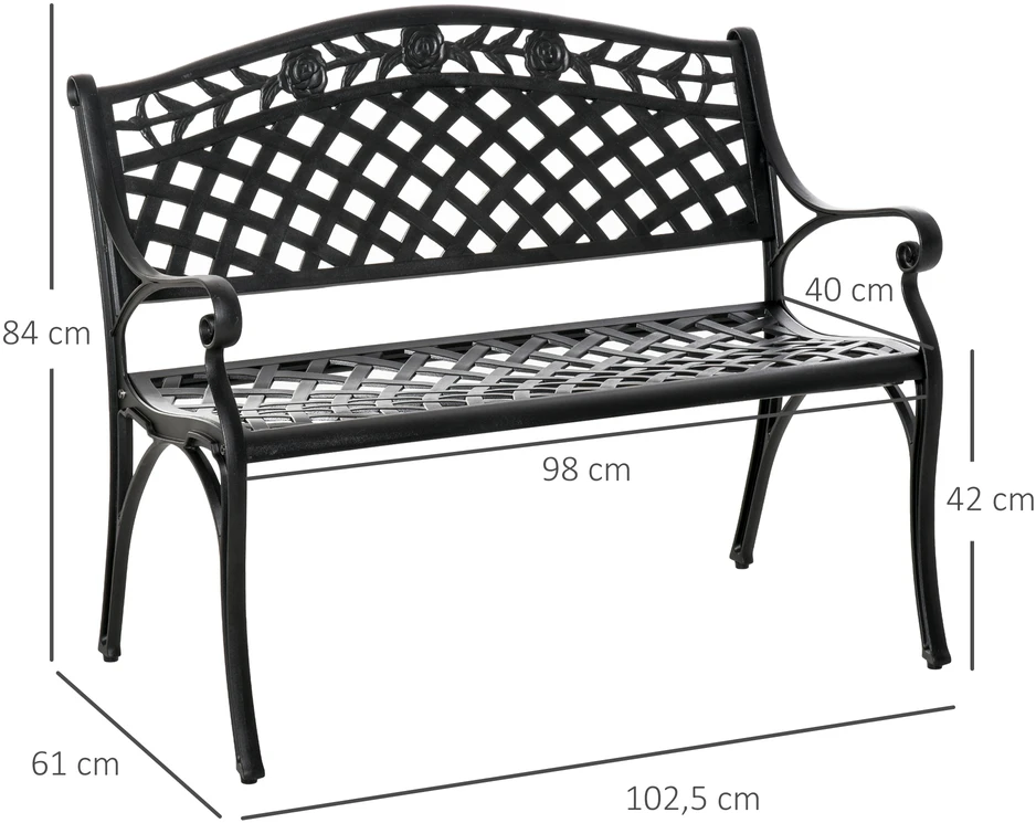Aosom 2 vietų sodo suoliukas su porankiais, aliuminis, juodas, 102,5 x 61 x 84 cm