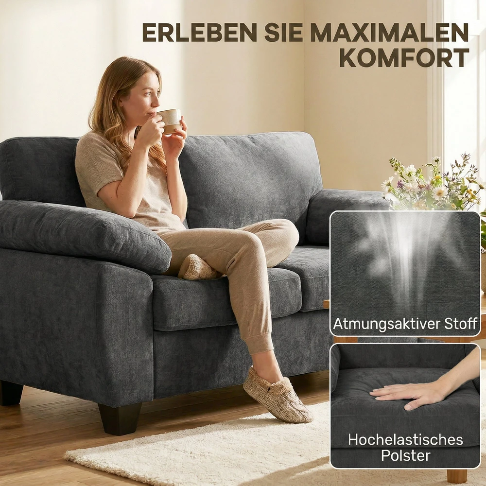 Aosom 2 vietų sofa, 156 cm, tamsiai pilka, šenilis, 300 kg