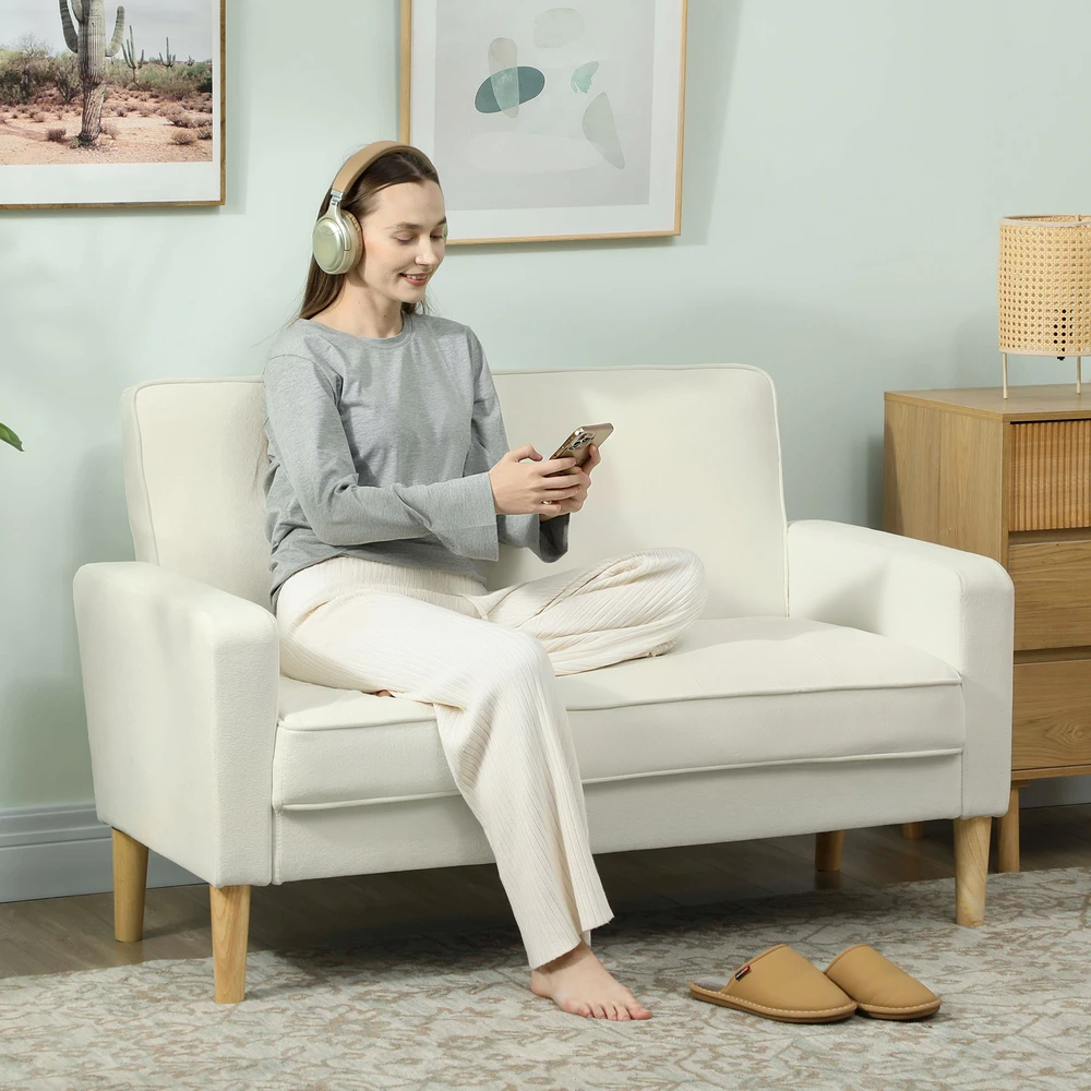 Aosom 2 vietų sofa, dvivietė sofa su gummedžio kojomis, kreminės baltos spalvos