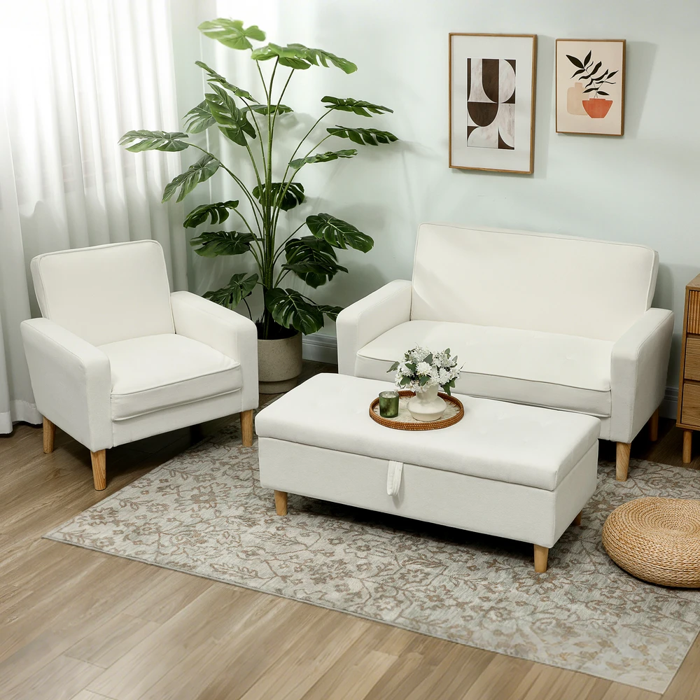 Aosom 2 vietų sofa, dvivietė sofa su gummedžio kojomis, kreminės baltos spalvos