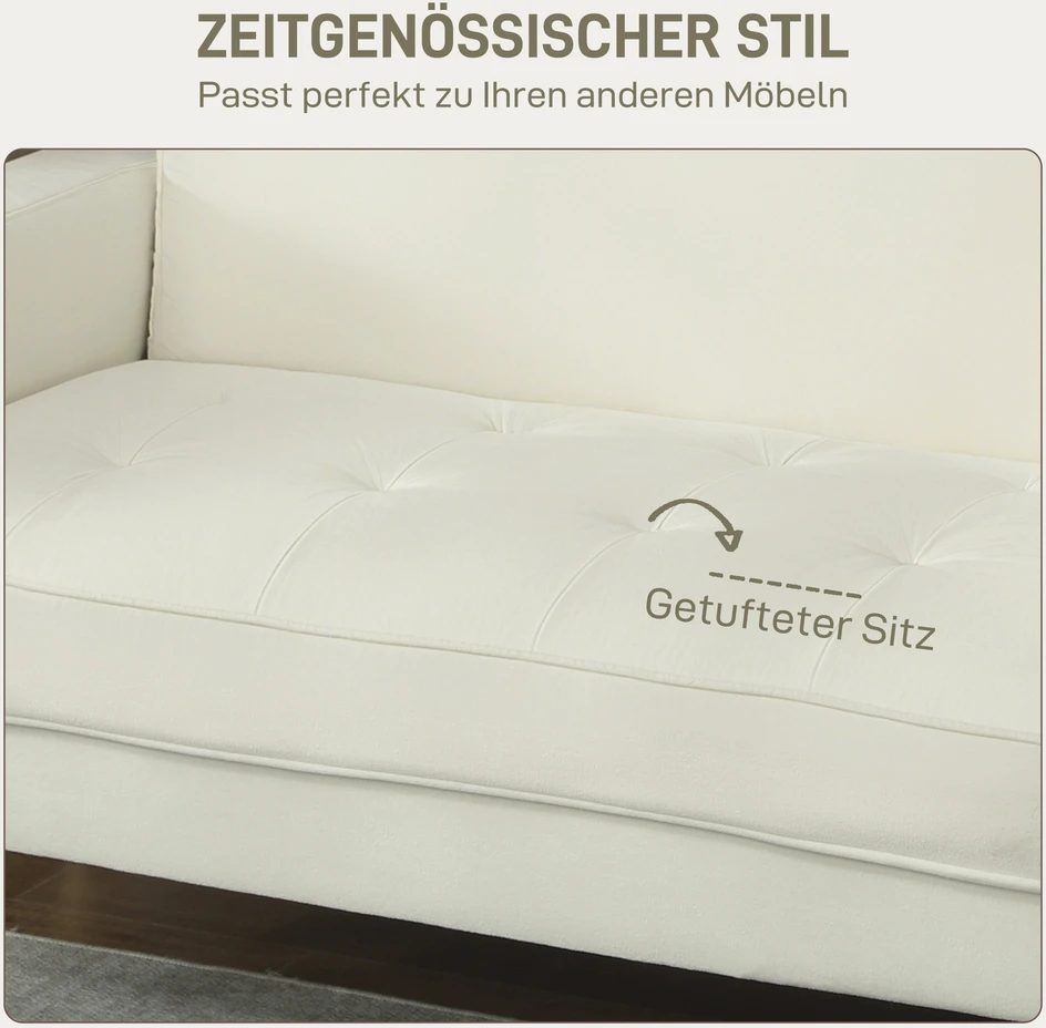 Aosom 2 vietų sofa, dvivietė sofa su gummedžio kojomis, kreminės baltos spalvos