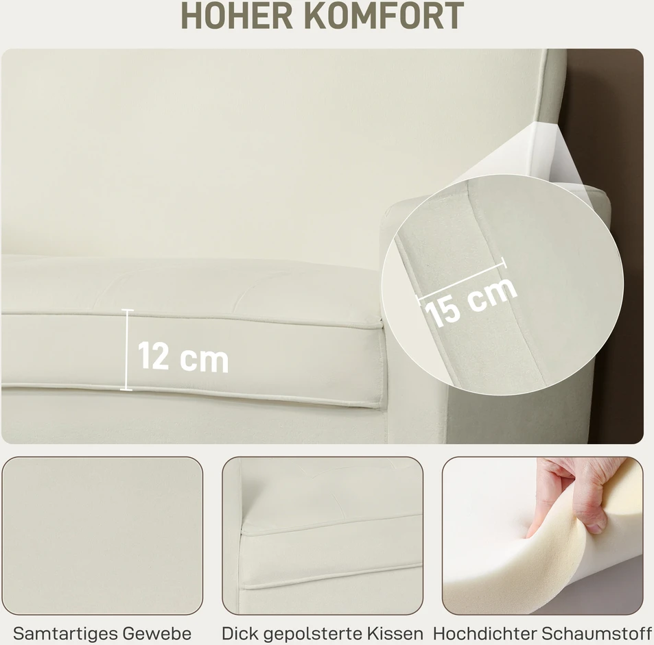 Aosom 2 vietų sofa, dvivietė sofa su gummedžio kojomis, kreminės baltos spalvos
