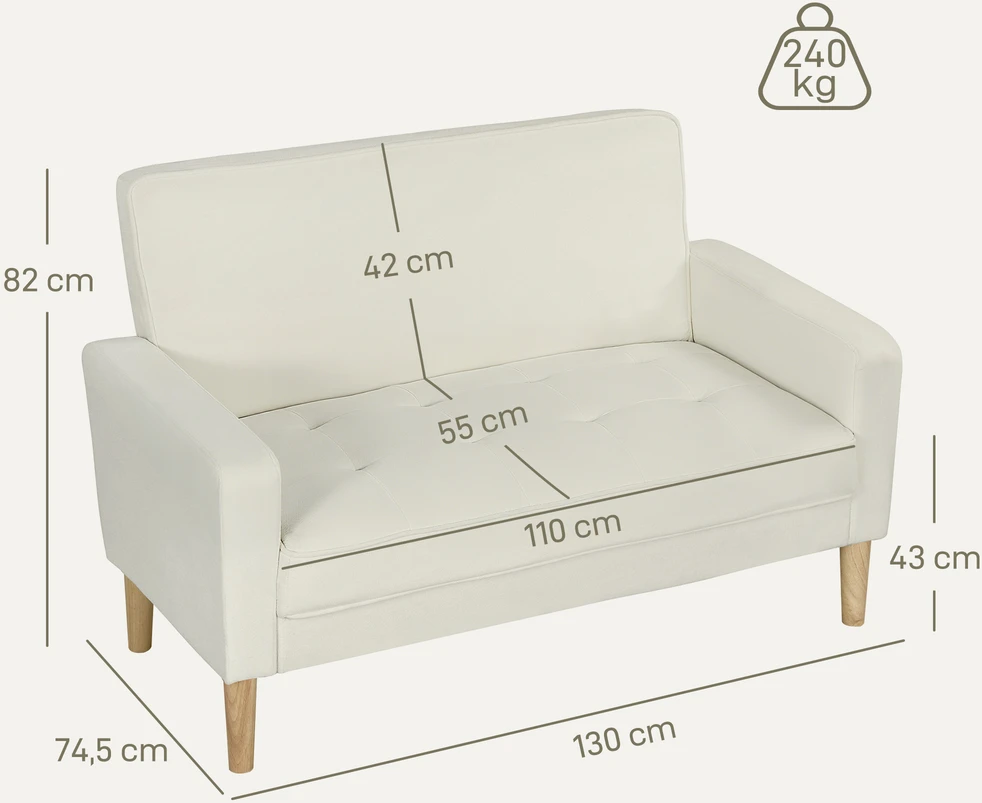 Aosom 2 vietų sofa, dvivietė sofa su gummedžio kojomis, kreminės baltos spalvos