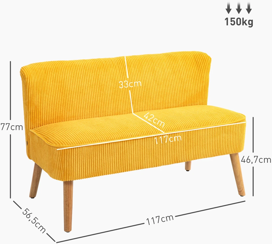 Aosom 2 vietų sofa, elegantiškas skandinaviškas dizainas, medinis rėmas, geltona, 117 x 56,5 x 77 cm