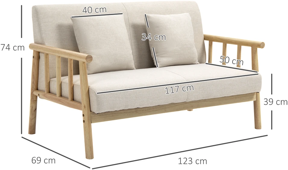 Aosom 2 vietų sofa, lino išvaizdos audinys, smėlio spalvos, 123 x 69 x 74 cm