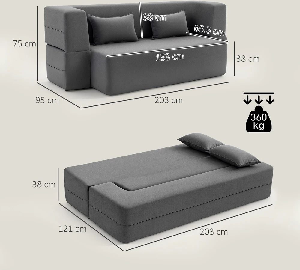 Aosom 2 vietų sofa-lova, putų užpildas, pilka, 360 kg