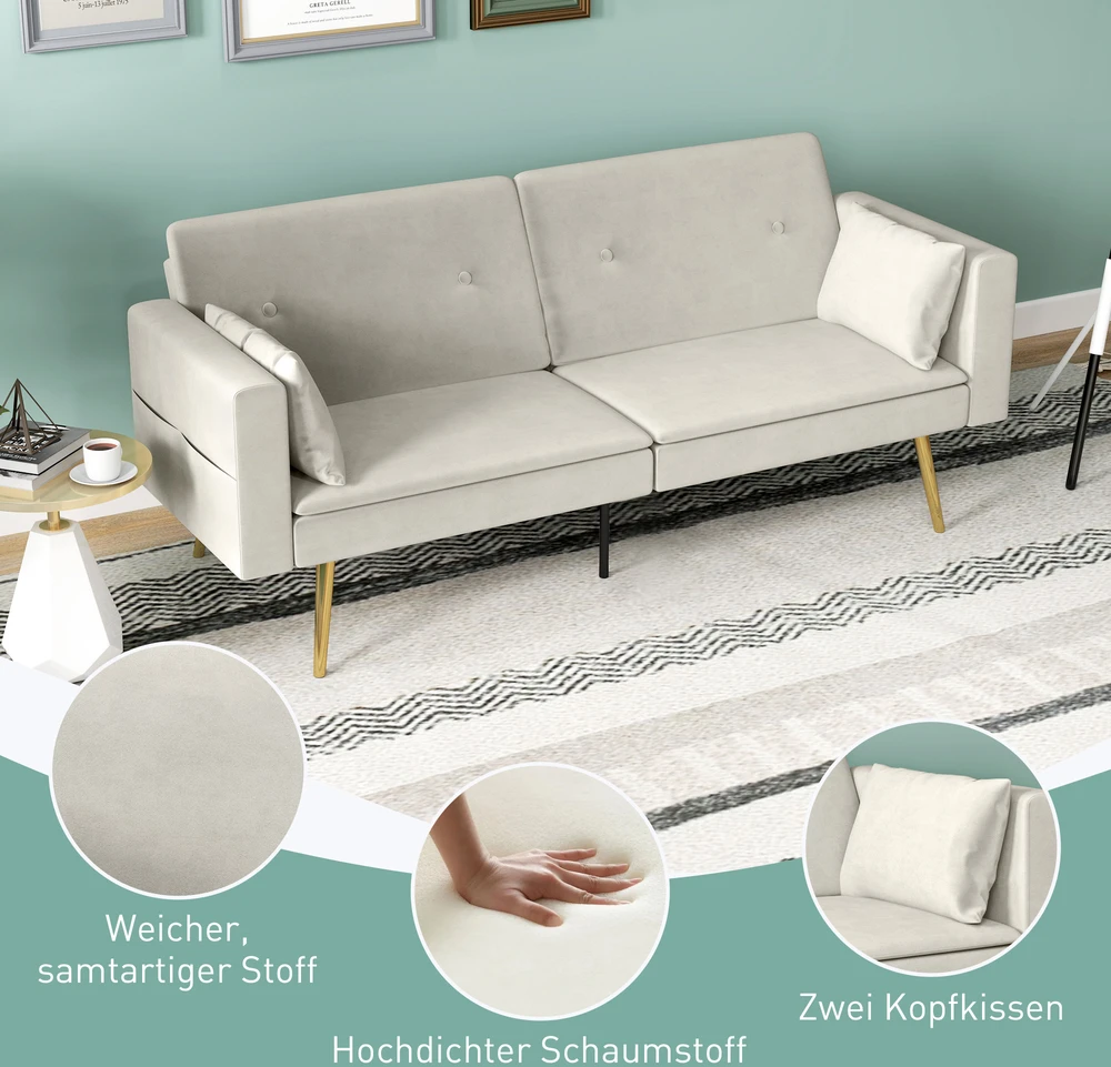 Aosom 2 vietų sofa-lova, reguliuojamas atlošas, smėlio spalvos, 181 x 73 x 78,5 cm