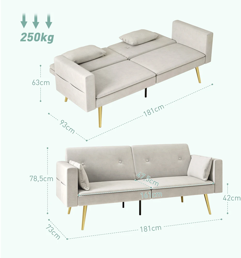 Aosom 2 vietų sofa-lova, reguliuojamas atlošas, smėlio spalvos, 181 x 73 x 78,5 cm