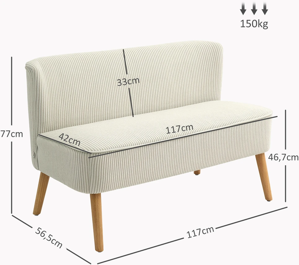 Aosom 2 vietų sofa, minkštas paminkštinimas, lengvai prižiūrimas užvalkalas, iki 150 kg, 117 x 56,5 x 77 cm, kreminė balta