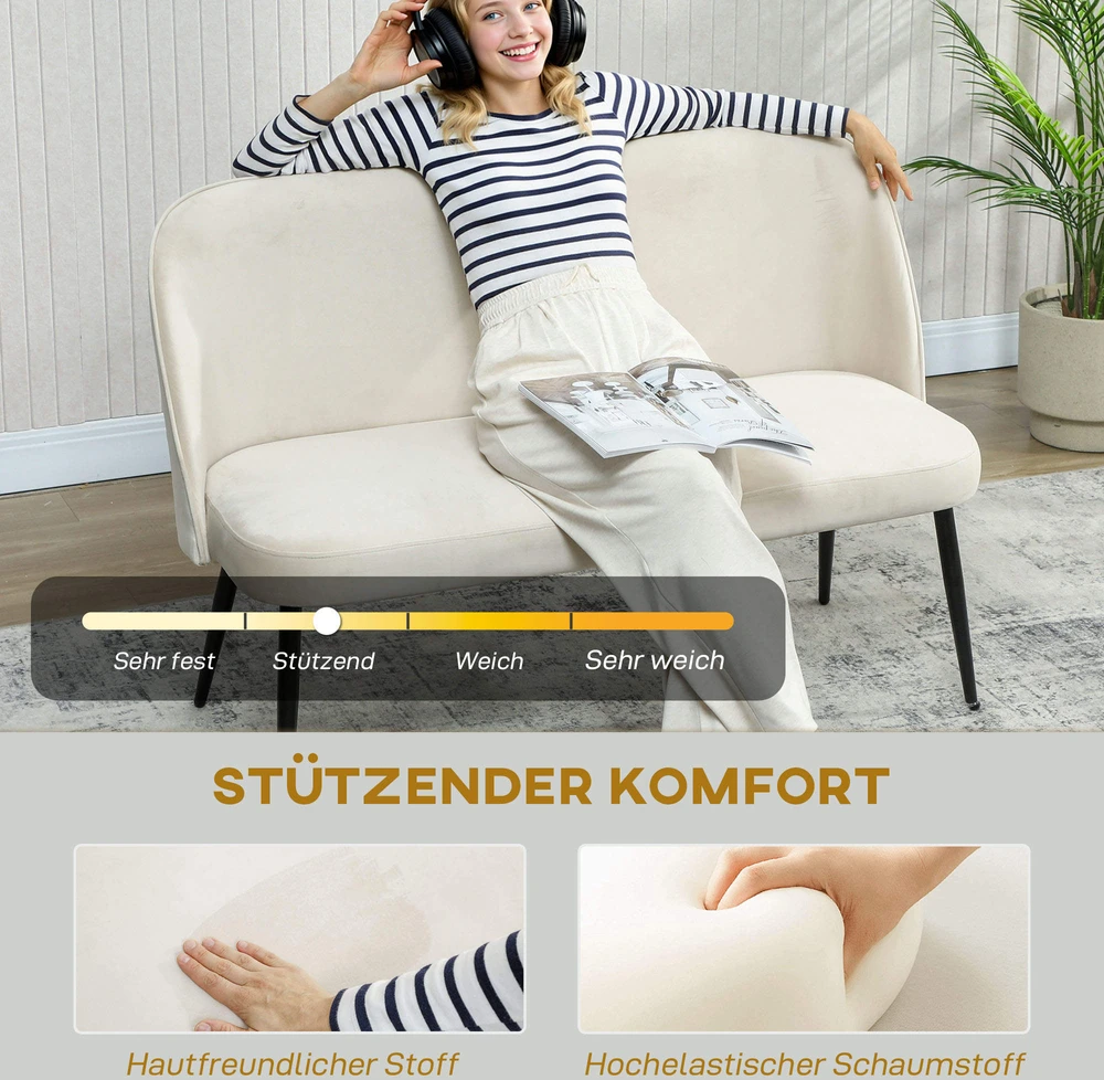 Aosom 2 vietų sofa, modernaus dizaino, veliūro efekto audinys, smėlio spalvos, 127 x 63 x 84,5 cm
