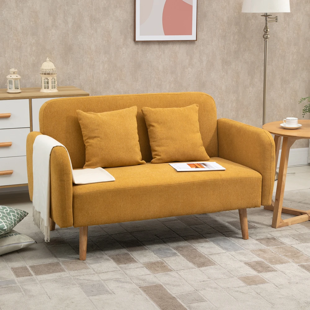 Aosom 2 vietų sofa su 2 pagalvėlėmis, geltona, 130 x 70 x 80 cm