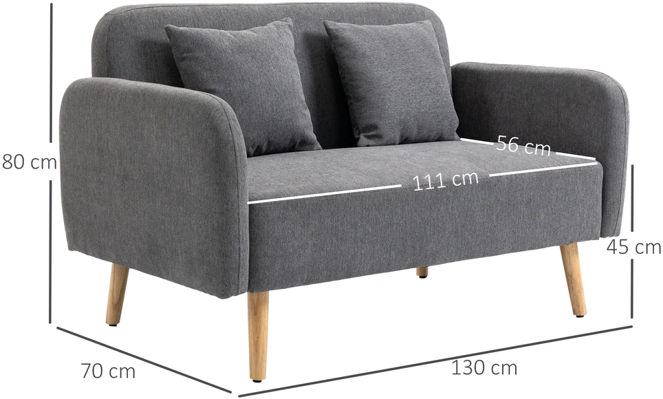 Aosom 2 vietų sofa su 2 pagalvinėmis pagalvėlėmis, pilka, 130 x 70 x 80 cm