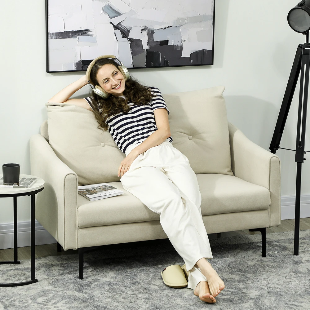 Aosom 2 vietų sofa su putų paminkštinimu ir audinio apmušalu, kreminė balta, 124 x 73 x 92 cm