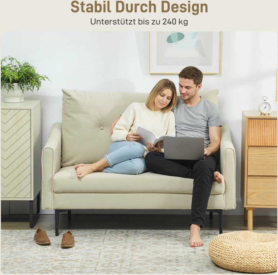 Aosom 2 vietų sofa su putų paminkštinimu ir audinio apmušalu, kreminė balta, 124 x 73 x 92 cm