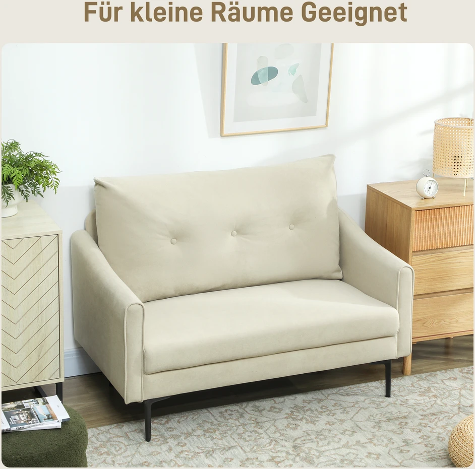 Aosom 2 vietų sofa su putų paminkštinimu ir audinio apmušalu, kreminė balta, 124 x 73 x 92 cm