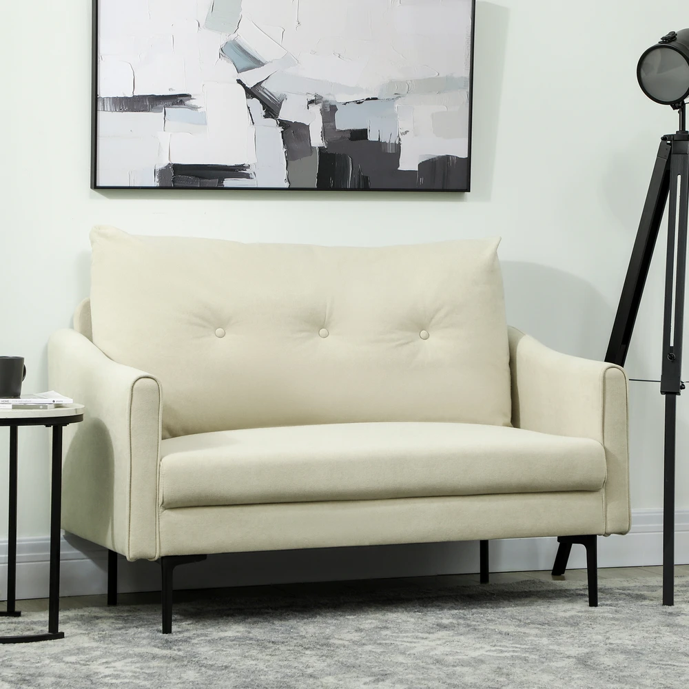 Aosom 2 vietų sofa su putų paminkštinimu ir audinio apmušalu, kreminė balta, 124 x 73 x 92 cm