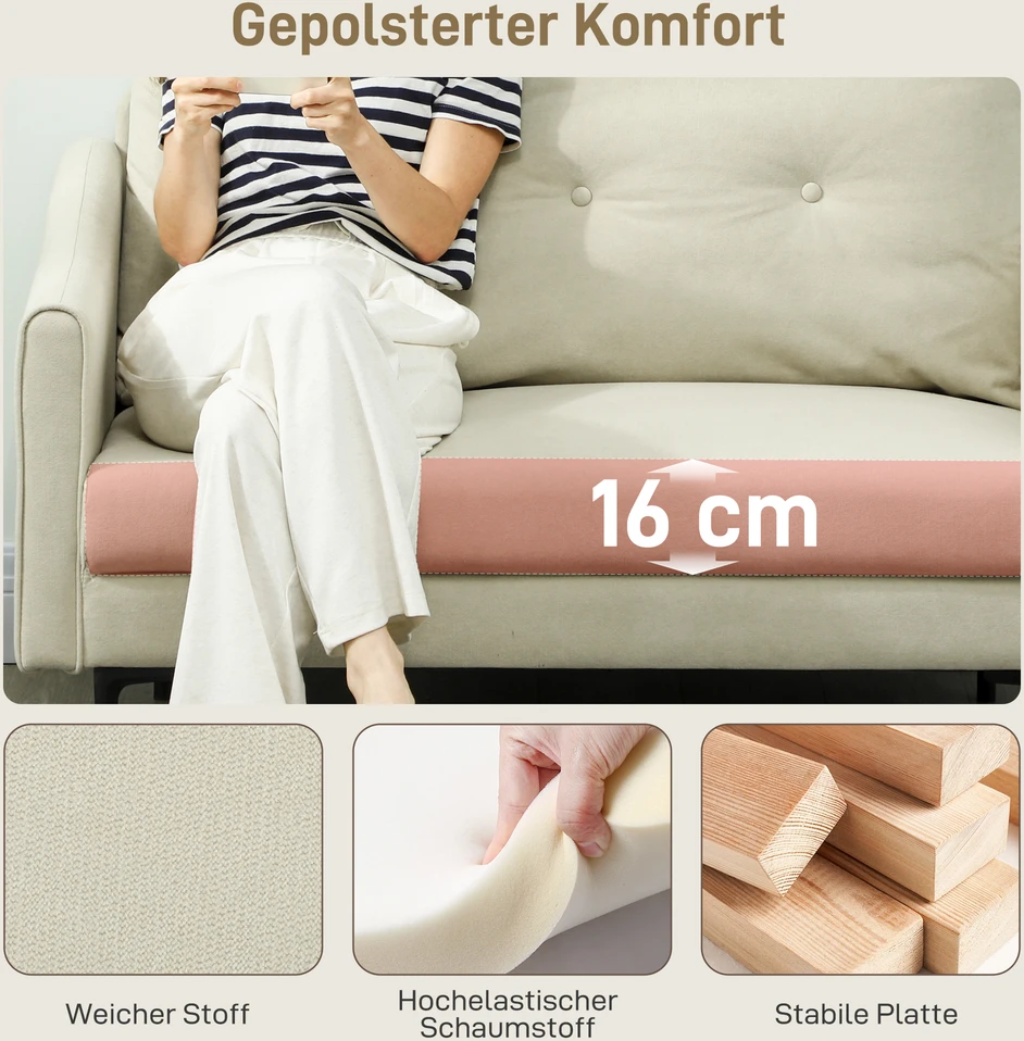 Aosom 2 vietų sofa su putų paminkštinimu ir audinio apmušalu, kreminė balta, 124 x 73 x 92 cm