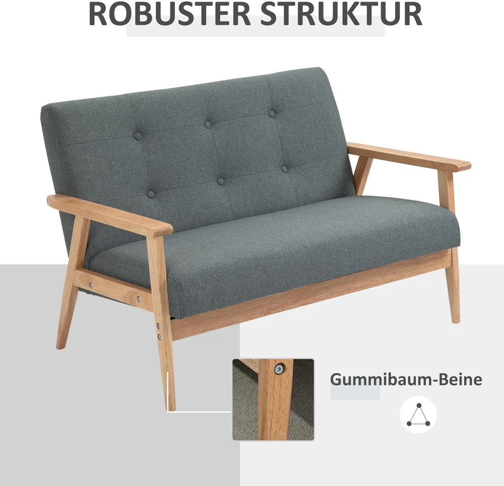 Aosom 2 vietų sofa, tamsiai pilka, 115 cm, lininės išvaizdos audinys, medinės kojelės
