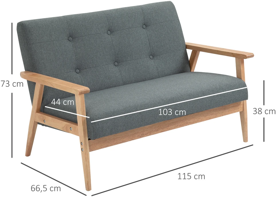 Aosom 2 vietų sofa, tamsiai pilka, 115 cm, lininės išvaizdos audinys, medinės kojelės