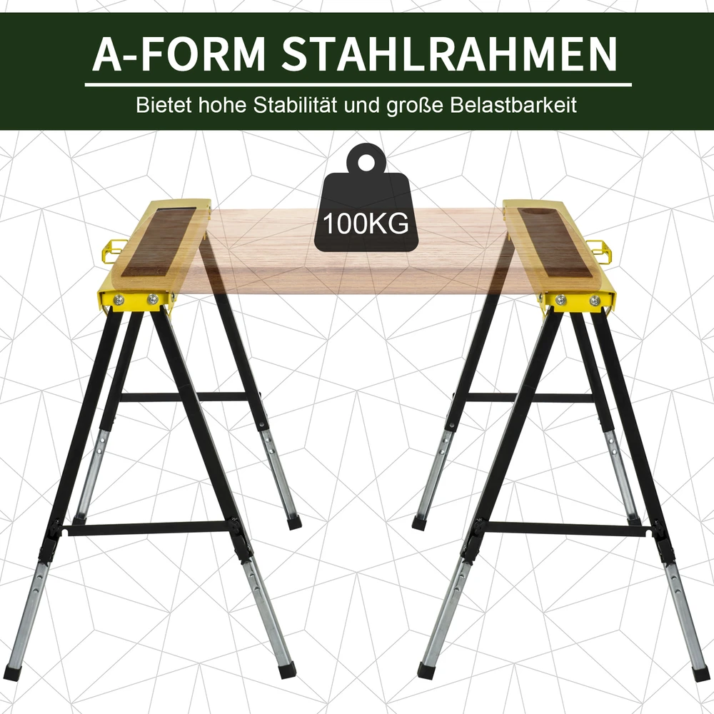 Aosom 2 vnt. sulankstomų pjovimo ožių rinkinys, plienas, geltona/juoda, 100 x 49 x 62-90 cm, 100 kg