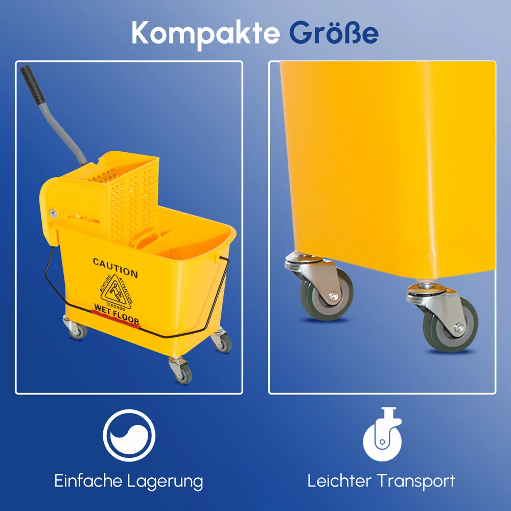 Aosom 20 l grindų plovimo kibiras su gręžtuvu ir rankena, ant ratukų, plastikas, geltonas