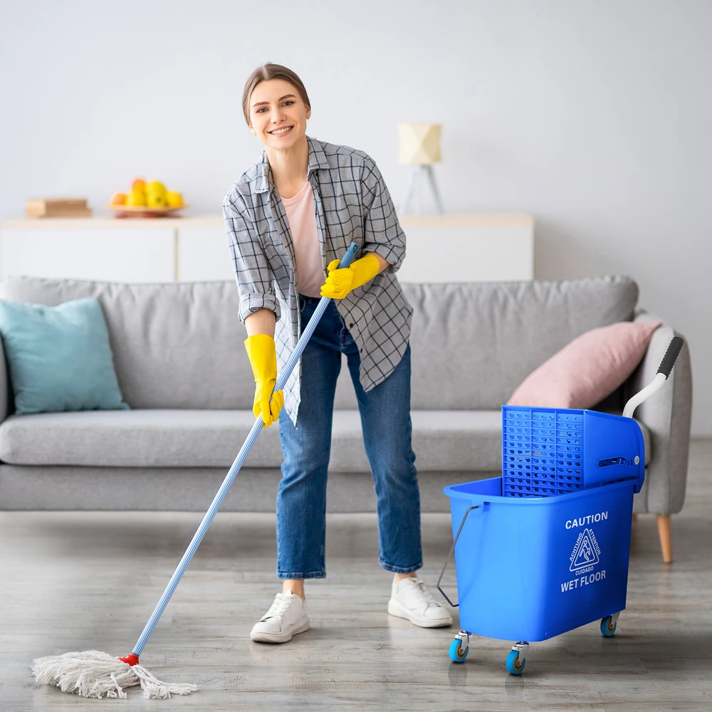 Aosom 20 l mopo kibiras su gręžtuvu ir rankena, ant ratukų, plastikas, mėlynas