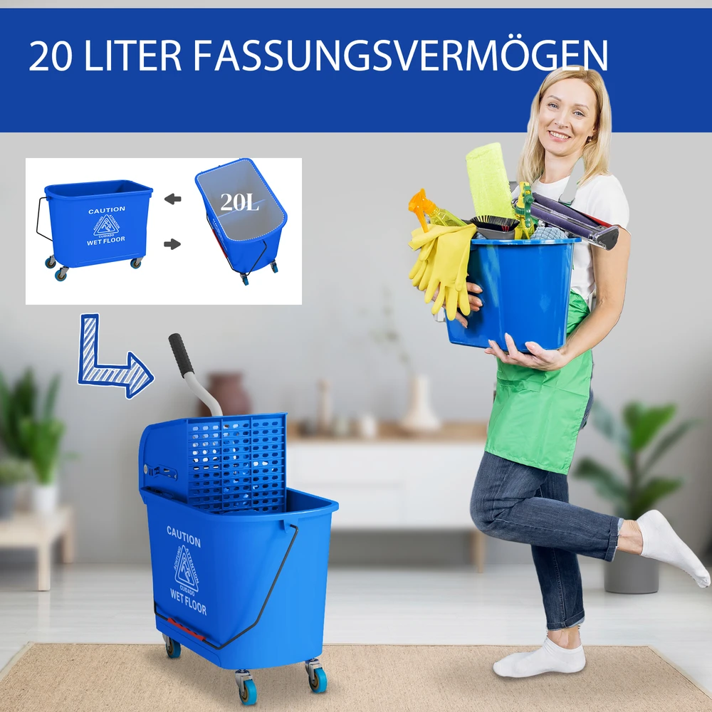 Aosom 20 l mopo kibiras su gręžtuvu ir rankena, ant ratukų, plastikas, mėlynas