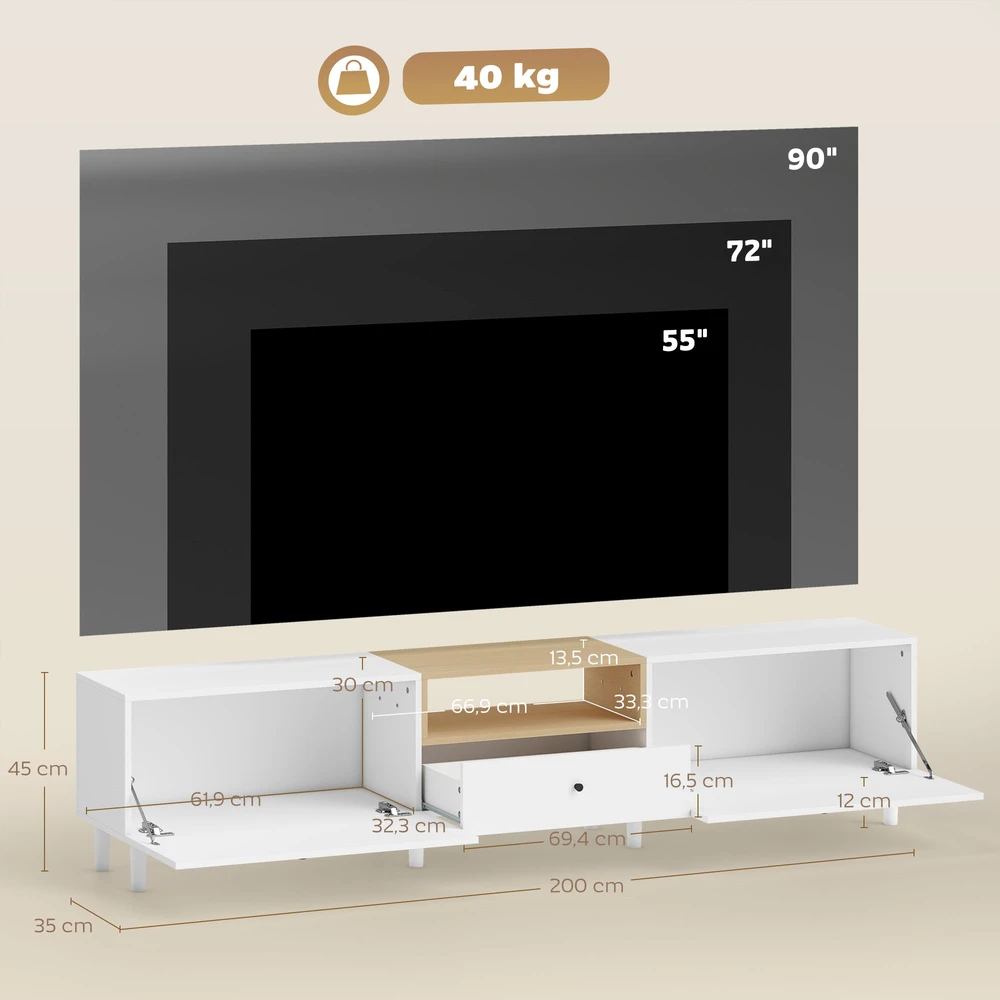Aosom 200 cm TV staliukas televizoriui iki 90 colių, 2 atverčiami skyriai, atvira lentyna, stalčius, 8 kojos, medžio drožlių plokštė, balta